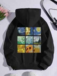 SHEIN EZwear 加大码油画印花抽绳保暖内衬卫衣 - 黑色 - 查看 1