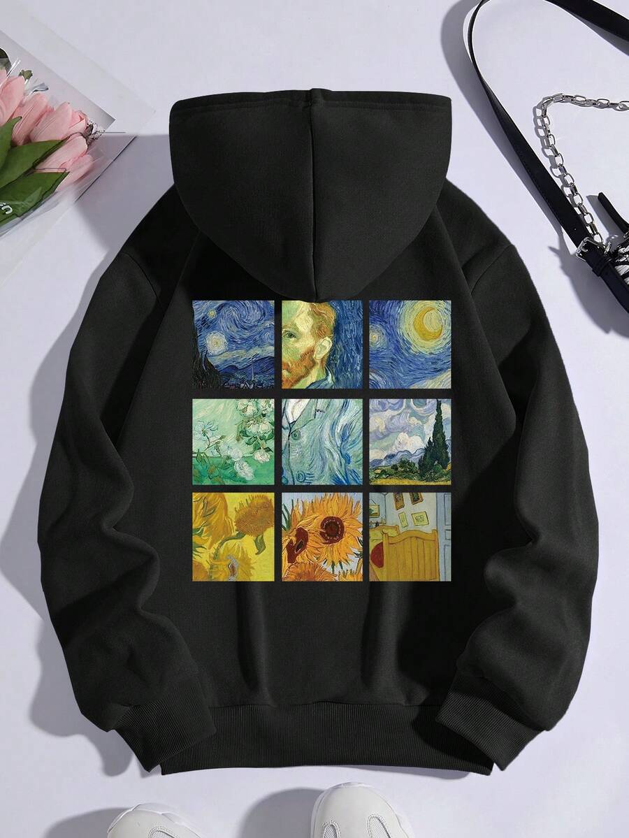 SHEIN EZwear 加大码油画印花抽绳保暖内衬卫衣 - 黑色 - 查看 1