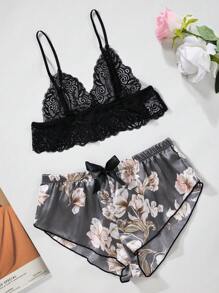 Floral Lace Bralette With Floral Print Shorts Pajama Set