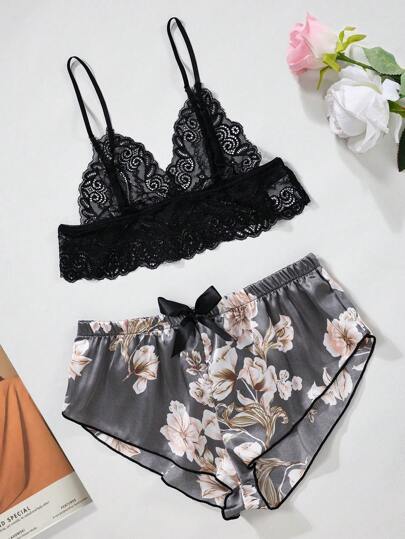 Conjunto de pijama con bralette de encaje floral y shorts con estampado floral