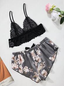 Floral Lace Bralette With Floral Print Shorts Pajama Set