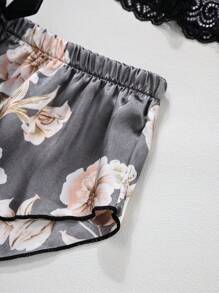 Floral Lace Bralette With Floral Print Shorts Pajama Set