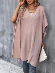 SHEIN LUNE Solid Batwing Sleeve Ribbed Knit Poncho - Dusty Pink - View 1
