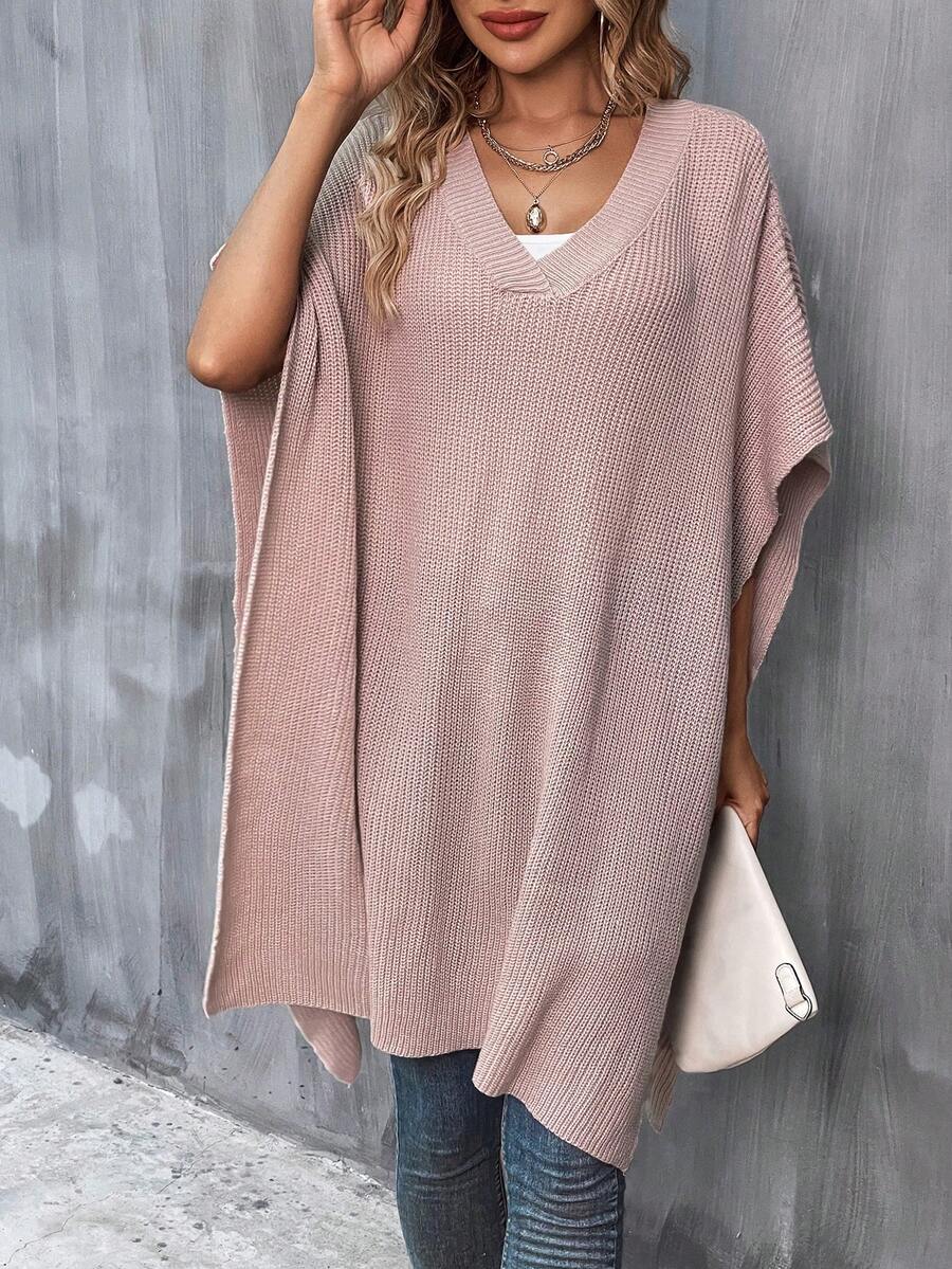 SHEIN LUNE Solid Batwing Sleeve Ribbed Knit Poncho - Dusty Pink - View 1
