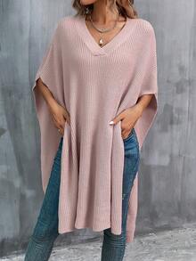 SHEIN LUNE Solid Batwing Sleeve Ribbed Knit Poncho - Dusty Pink - View 3