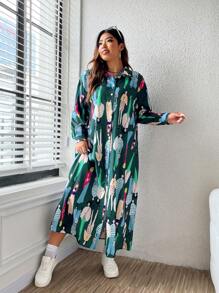 EMERY ROSE 大碼滿版印花落肩袖襯衫洋裝 - 彩色 - 查看 3