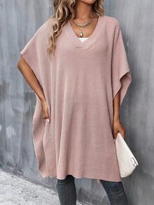 SHEIN LUNE Solid Batwing Sleeve Ribbed Knit Poncho - Dusty Pink - View 5