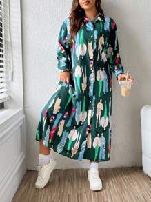 EMERY ROSE 大碼滿版印花落肩袖襯衫洋裝 - 彩色 - 查看 6