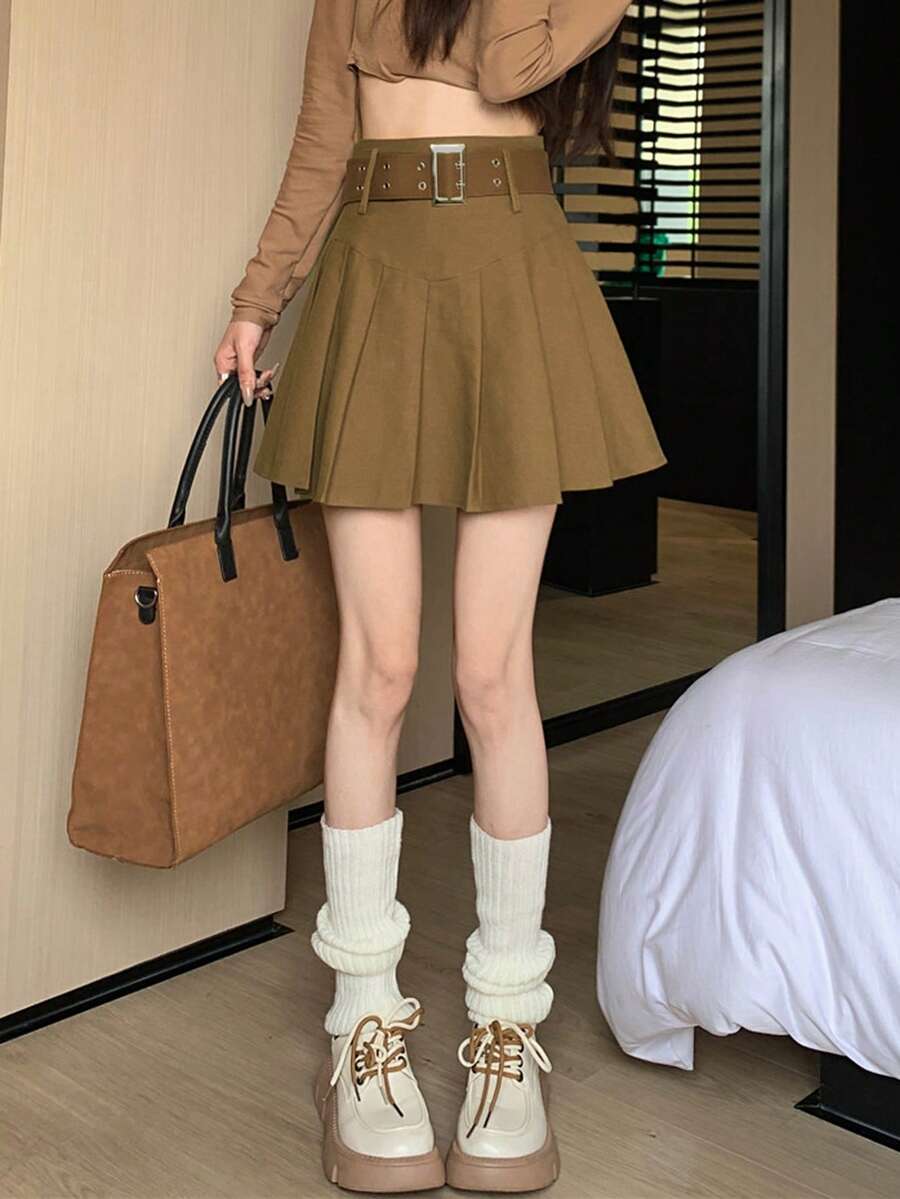 素色百褶腰帶半身裙