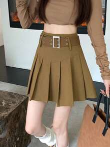素色百褶腰帶半身裙