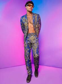 FeverCity 男士巴洛克風格圖案西裝外套&西裝褲 - 藍色 - 查看 6