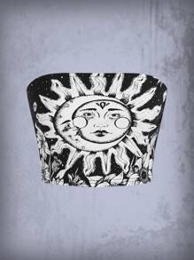 Herminedecrayon Goth Top bandeau con estampado de sol y luna - Blanco y Negro - Ver 1