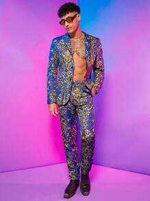 FeverCity 男士巴洛克風格圖案西裝外套&西裝褲 - 藍色 - 查看 5