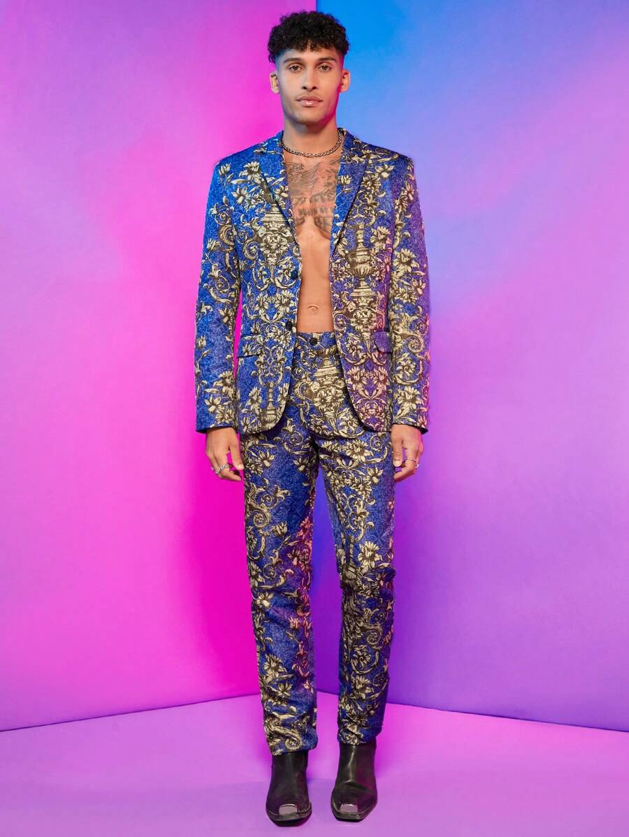 FeverCity 男士巴洛克風格圖案西裝外套&西裝褲 - 藍色 - 查看 1