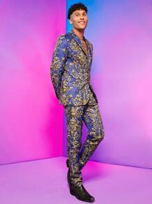 FeverCity 男士巴洛克風格圖案西裝外套&西裝褲 - 藍色 - 查看 7