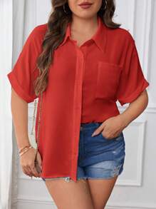 SHEIN LUNE Plus Solid Pocket Patched Button Front Shirt - Red - View 1