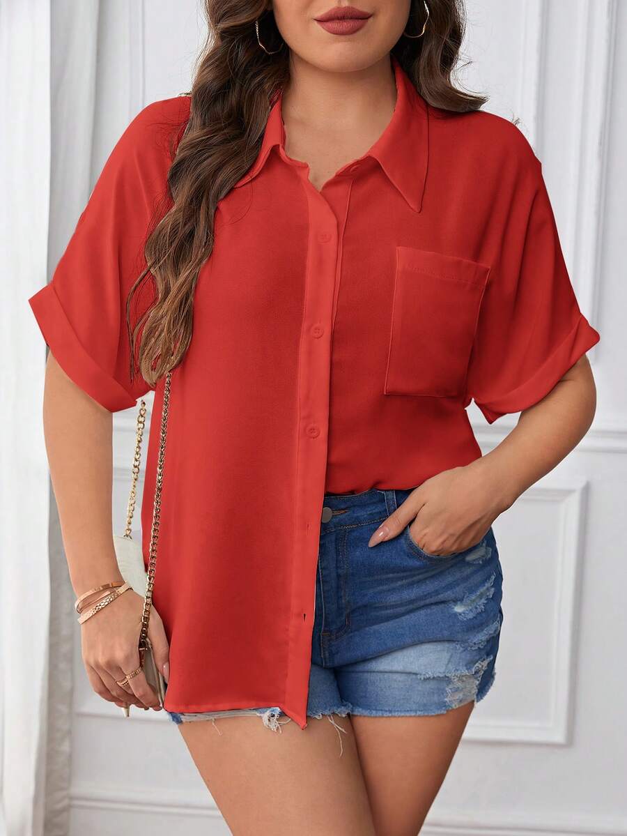 SHEIN LUNE Plus Solid Pocket Patched Button Front Shirt - Red - View 1