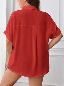 SHEIN LUNE Plus Solid Pocket Patched Button Front Shirt - Red - View 2