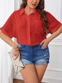 SHEIN LUNE Plus Solid Pocket Patched Button Front Shirt - Red - View 3