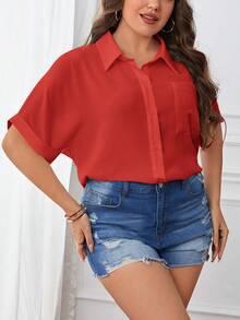 SHEIN LUNE Plus Solid Pocket Patched Button Front Shirt - Red - View 5