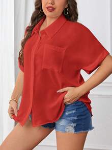 SHEIN LUNE Plus Solid Pocket Patched Button Front Shirt - Red - View 6