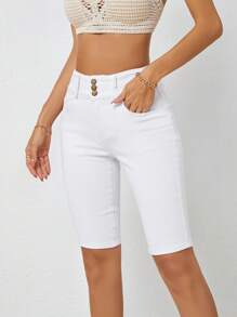 高腰紐扣門襟牛仔短褲 - 白色 - 查看 4