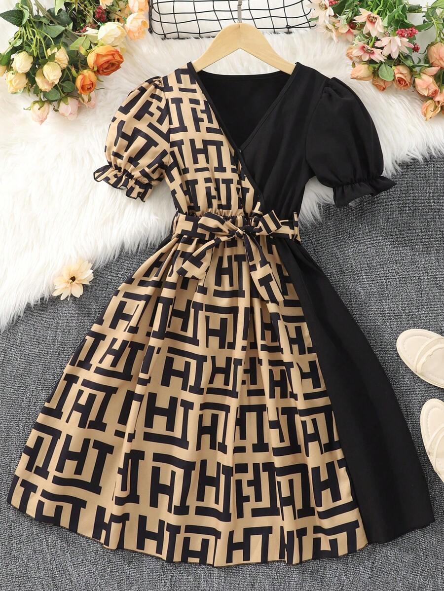 SHEIN 1pc Tween Girl V-Neck Puff Sleeve Ruched A-Line Vintage Floral & Slogan Print Dress - Multicolor - View 1