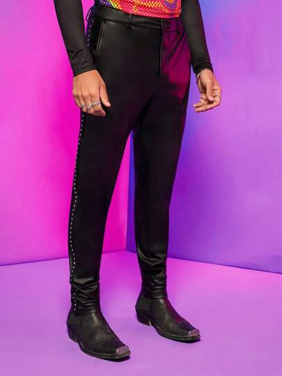 Guys Studded Detail PU Leather Skinny Pants