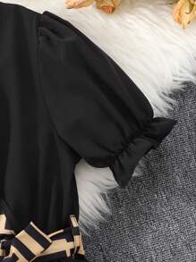 SHEIN 1pc Tween Girl V-Neck Puff Sleeve Ruched A-Line Vintage Floral & Slogan Print Dress - Multicolor - View 6