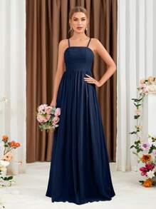 Crisscross Side Chiffon Bridesmaid Dress - Navy Blue - View 1