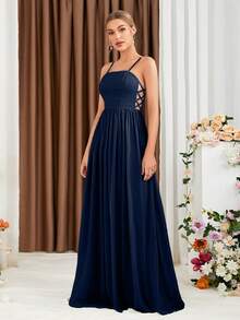 Crisscross Side Chiffon Bridesmaid Dress - Navy Blue - View 5