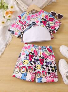 SHEIN 女小童素色吊帶上衣&卡通圖案短褲&T恤 - 彩色 - 查看 5