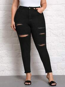 SHEIN Essnce Talla grande Jeans ajustados desgarro bajo crudo - Negro - Ver 3