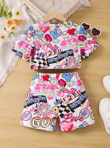 SHEIN 女小童素色吊帶上衣&卡通圖案短褲&T恤 - 彩色 - 查看 6