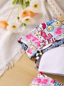 SHEIN 女小童素色吊帶上衣&卡通圖案短褲&T恤 - 彩色 - 查看 3