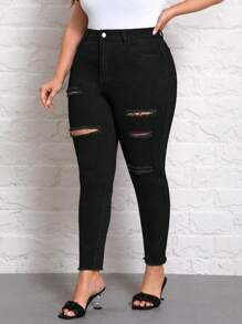 SHEIN Essnce Talla grande Jeans ajustados desgarro bajo crudo - Negro - Ver 1