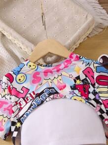 SHEIN 女小童素色吊帶上衣&卡通圖案短褲&T恤 - 彩色 - 查看 4