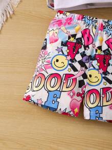 SHEIN 女小童素色吊帶上衣&卡通圖案短褲&T恤 - 彩色 - 查看 7