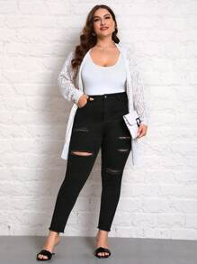 SHEIN Essnce Talla grande Jeans ajustados desgarro bajo crudo - Negro - Ver 5