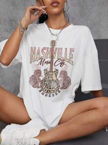 SHEIN EZwear 吉他&字母圖案落肩袖超大號T恤 - 白色 - 查看 1