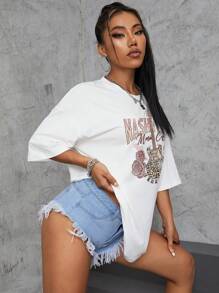 SHEIN EZwear 吉他&字母圖案落肩袖超大號T恤 - 白色 - 查看 3