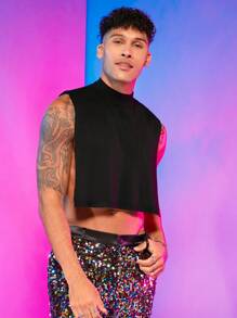 FeverCity Men Solid Mock Neck Crop Sweater Vest - Black - View 3