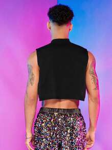 FeverCity Men Solid Mock Neck Crop Sweater Vest - Black - View 2