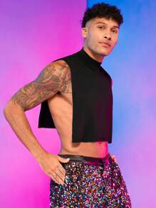 FeverCity Men Solid Mock Neck Crop Sweater Vest - Black - View 1