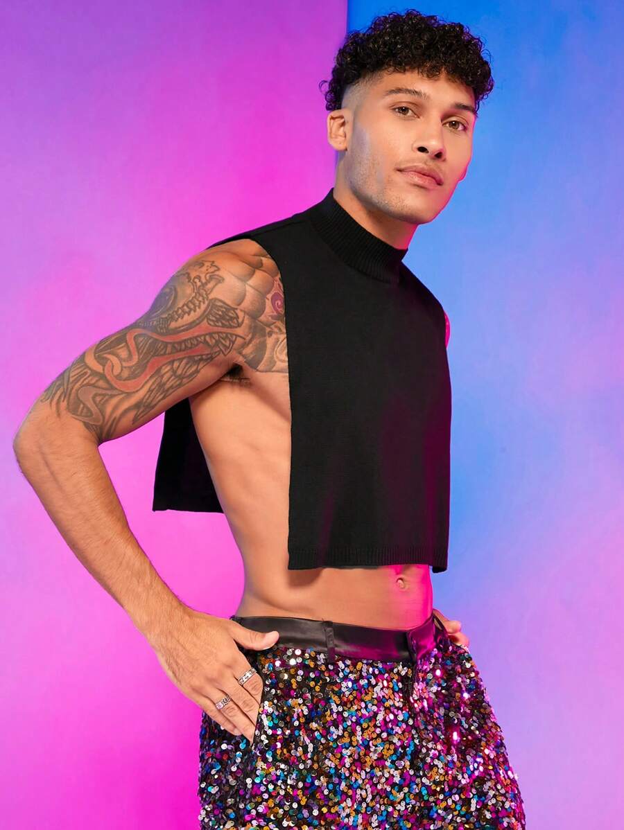 FeverCity Men Solid Mock Neck Crop Sweater Vest - Black - View 1