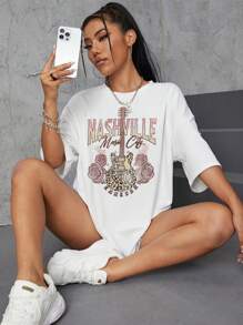 SHEIN EZwear 吉他&字母圖案落肩袖超大號T恤 - 白色 - 查看 5