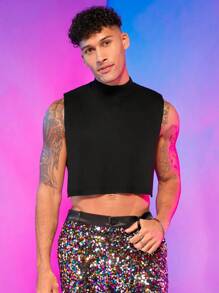 FeverCity Men Solid Mock Neck Crop Sweater Vest - Black - View 4