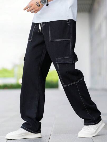 Jeans cargo larghi da uomo con dettagli in topstitching, tasche con patta, vita con coulisse e regolatori laterali, jeans cargo neri lavati larghi e semplici, per marito o fidanzato come regalo