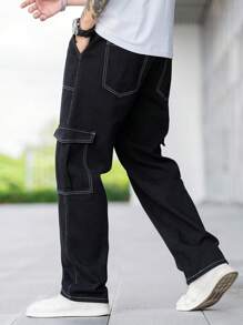 Claim Dot Quần Cargo nam dáng rộng có chi tiết đường khâu trên cùng, túi có nắp, dây rút ở eo và dây điều chỉnh bên hông Quần Cargo dài ống rộng màu đen trơn, dành tặng chồng, quà tặng bạn trai - màu đen - Xem 2