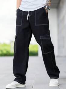 Claim Dot Quần Cargo nam dáng rộng có chi tiết đường khâu trên cùng, túi có nắp, dây rút ở eo và dây điều chỉnh bên hông Quần Cargo dài ống rộng màu đen trơn, dành tặng chồng, quà tặng bạn trai - màu đen - Xem 4